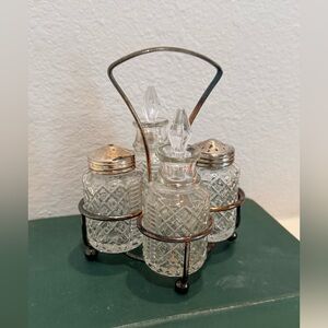 Vintage Sheffield Glass Cruet Set Oil, Vinegar, Salt & Pepper Set- 5 Pieces